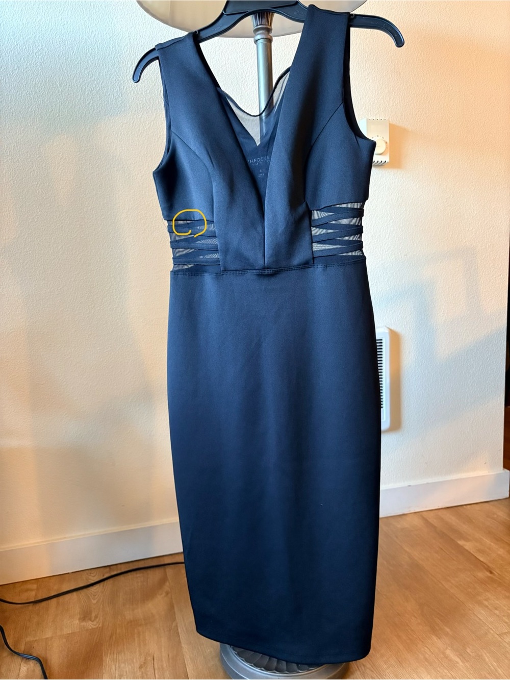 En Focus Studio Navy Blue Midi Sheath Dress with Mesh Cutouts, Size 4